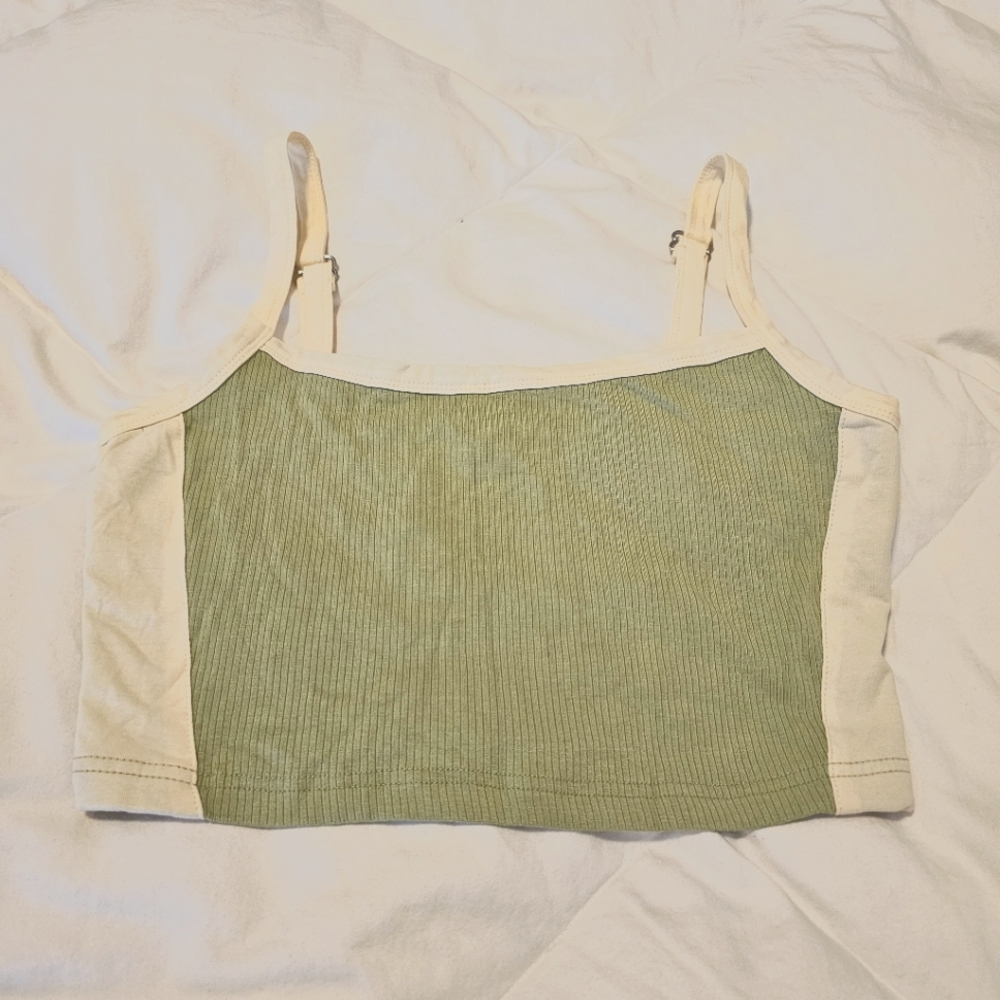 NWT Shein Ribbed Crop Top Size M US 6 Sage Green w/ Cream Straps, Adjustable